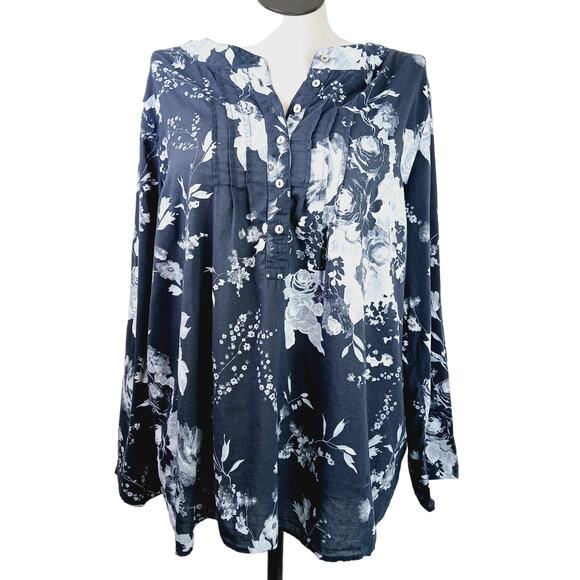 Soft Surroundings SZ 1X 100% Cotton Gray Floral 1/2 Button Front Tab Sleeve Top - Picture 2 of 8